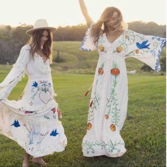 Boho Embroidered Hearts Floral Birds Long Maxi Kimono Dress - Picture 7 of 16